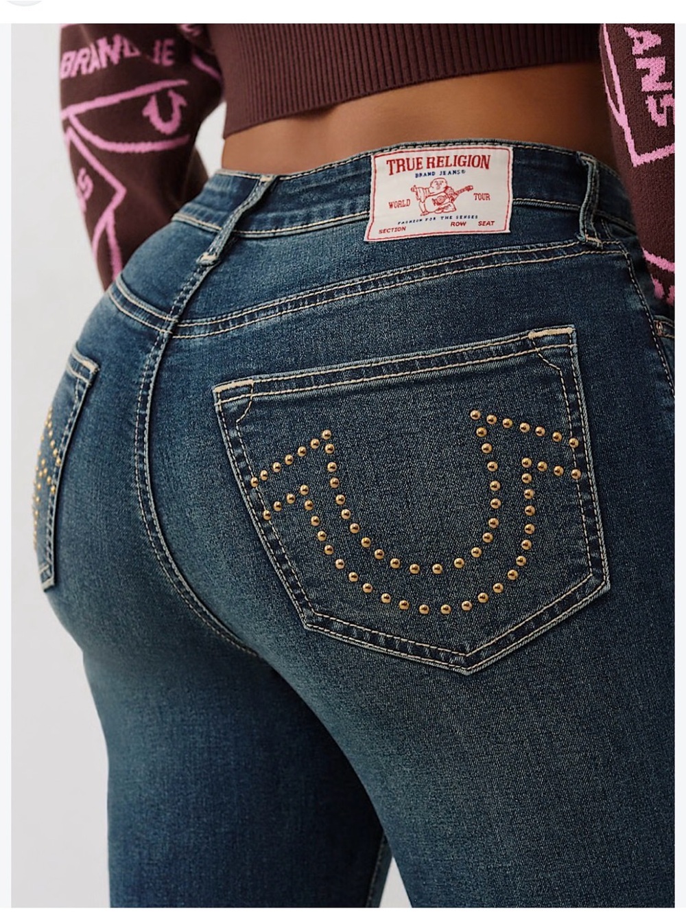True Religion Women’s Blue Skinny Jeans with Gold Studded Pockets size 28 NWT